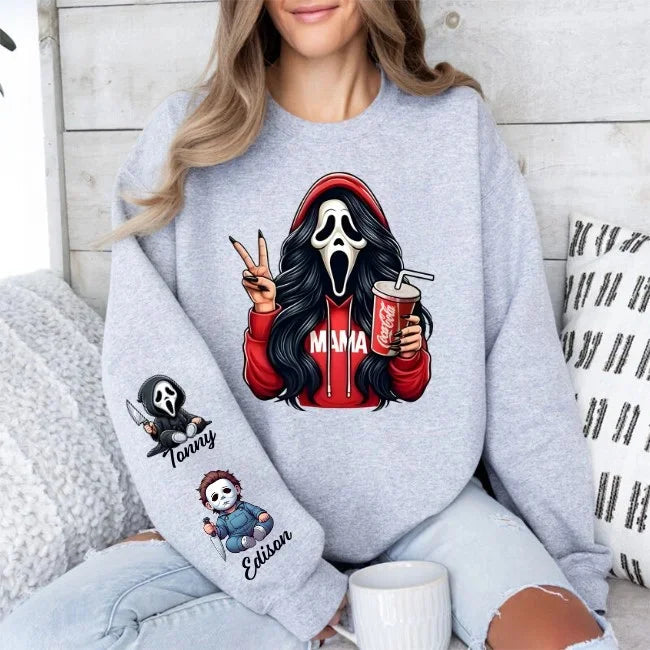 Custom Halloween MAMA Sweatshirt with Kid's Names on the Sleeve