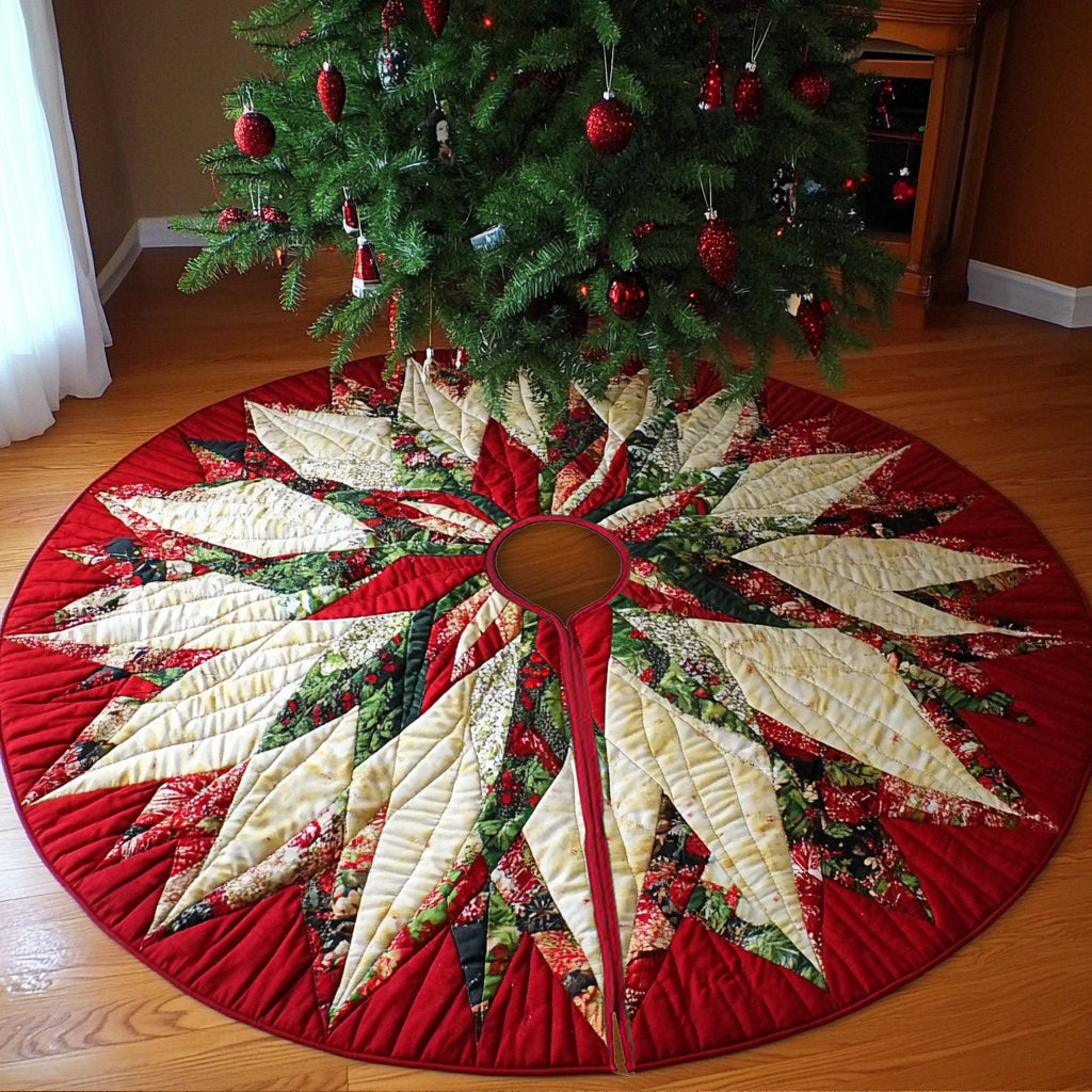 Christmas Poinsettia Quilted Tree Skirt