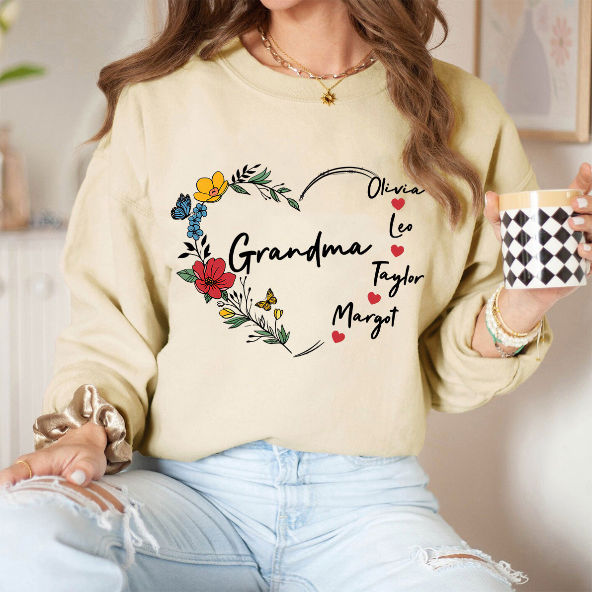 Custom Mama Floral Heart Sweatshirt With Kids Name