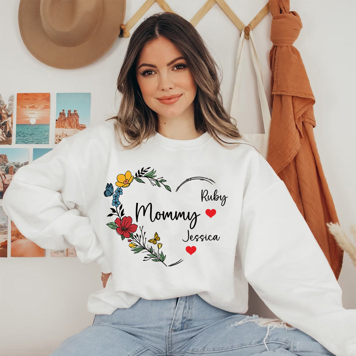 Custom Mama Floral Heart Sweatshirt With Kids Name