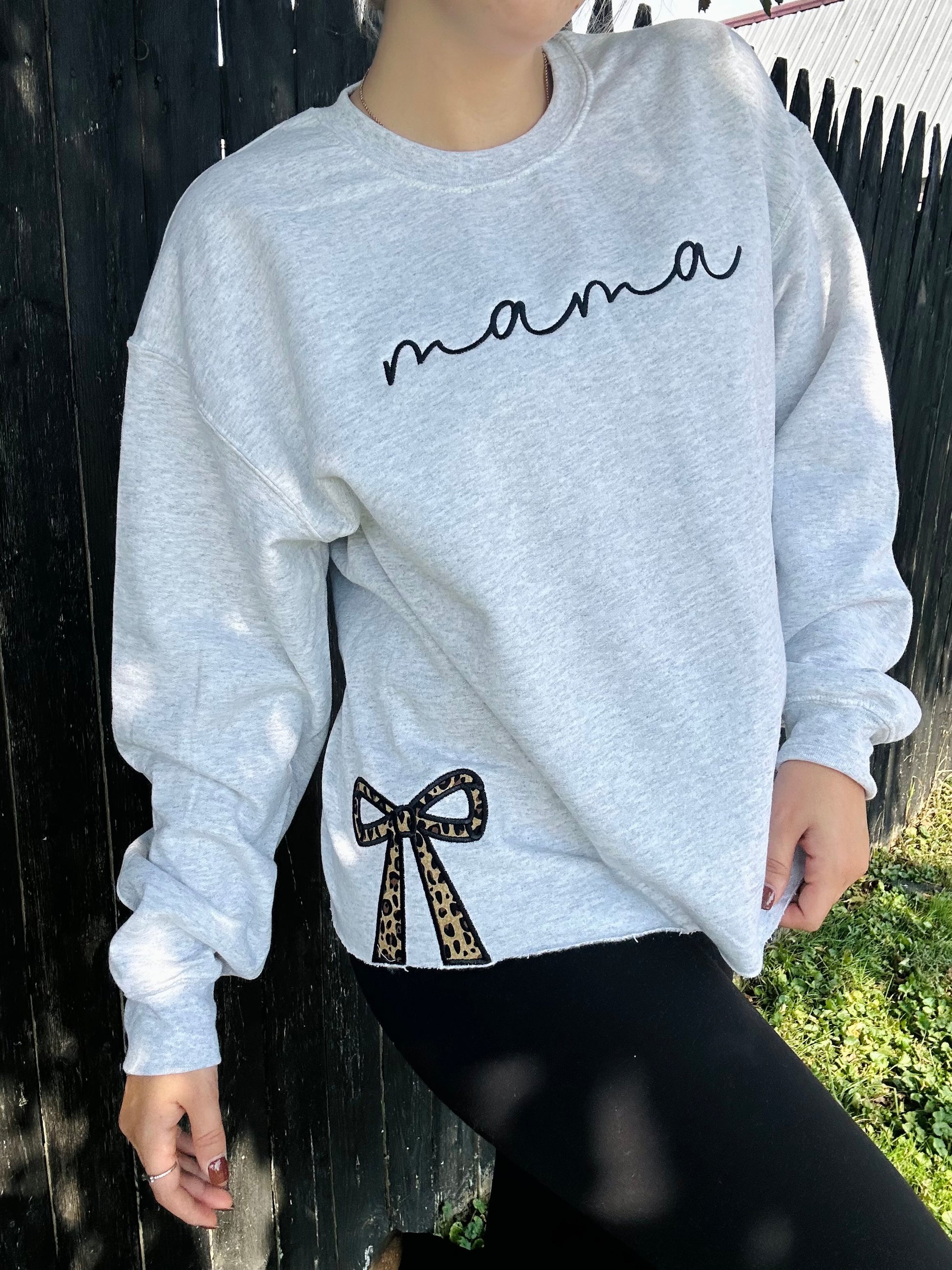 Custom Embroidered Mama Cheetah Side Bow Sweatshirt