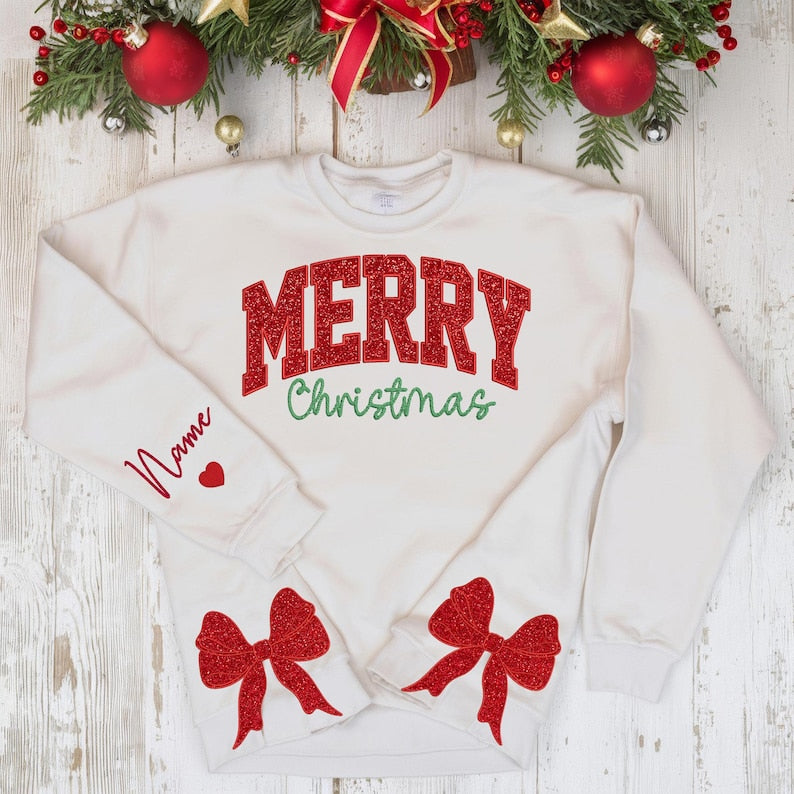 Personalized Merry Christmas Embroidered Side Bow Cut-Out Sweatshirt