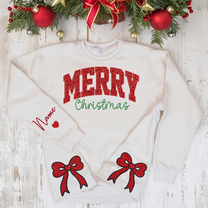 Personalized Merry Christmas Embroidered Side Bow Cut-Out Sweatshirt