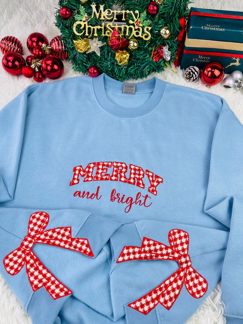 Merry And Bright Embroidery Side Bow Sweatshirt