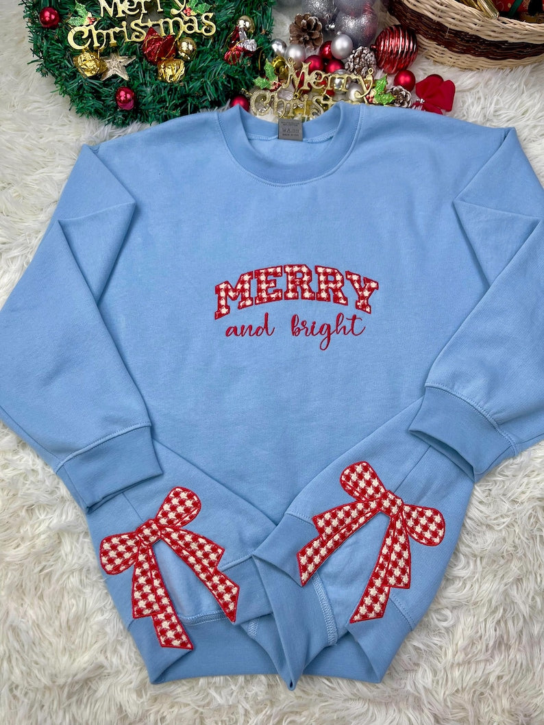 Merry And Bright Embroidery Side Bow Sweatshirt