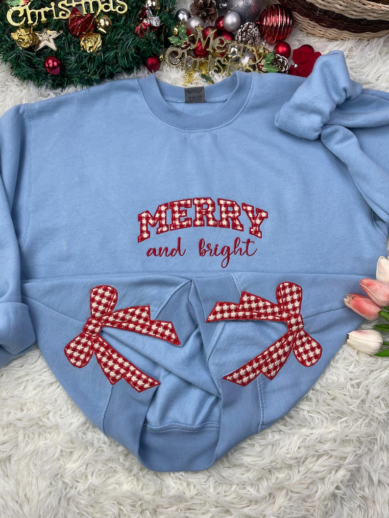 Merry And Bright Embroidery Side Bow Sweatshirt