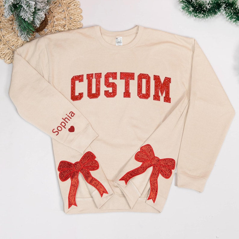 Custom Sweatshirt With Trendy Side Bow and Glitter