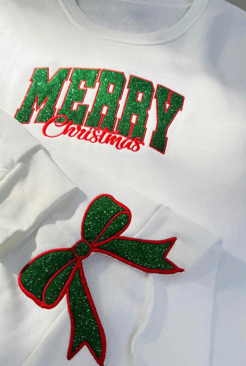 Custom Merry Christmas Embroidered Bow Sweatshirt