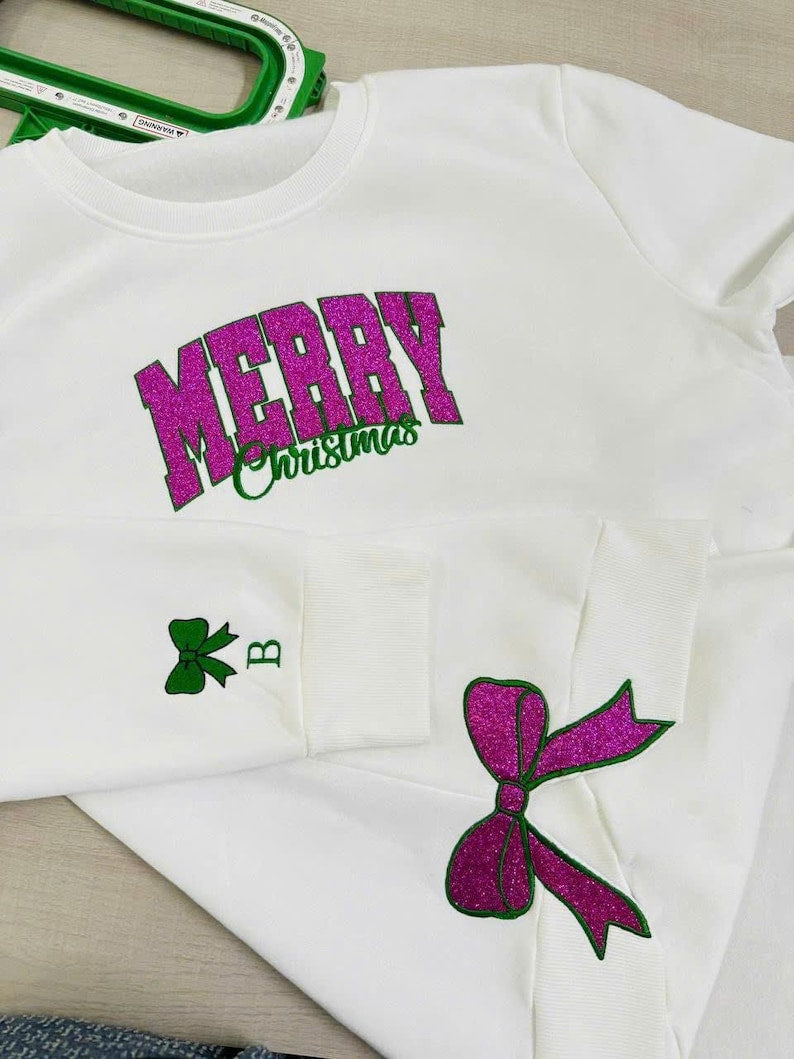 Custom Merry Christmas Embroidered Bow Sweatshirt