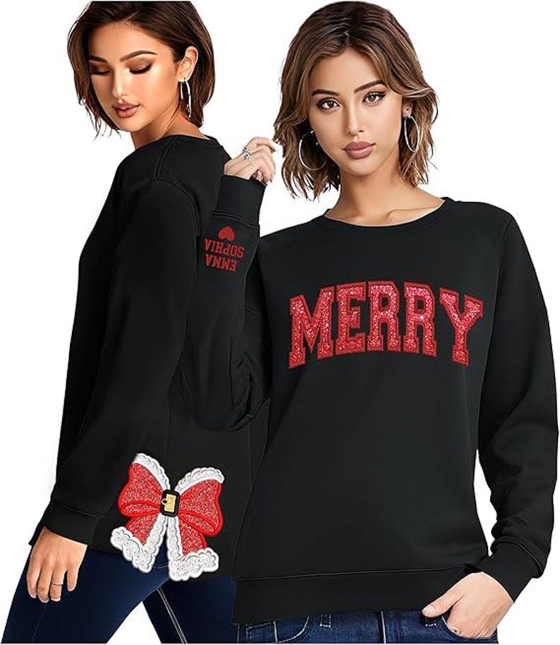 Merry EST 2024 Side Bow Cut-Out Sweatshirt With Glitter