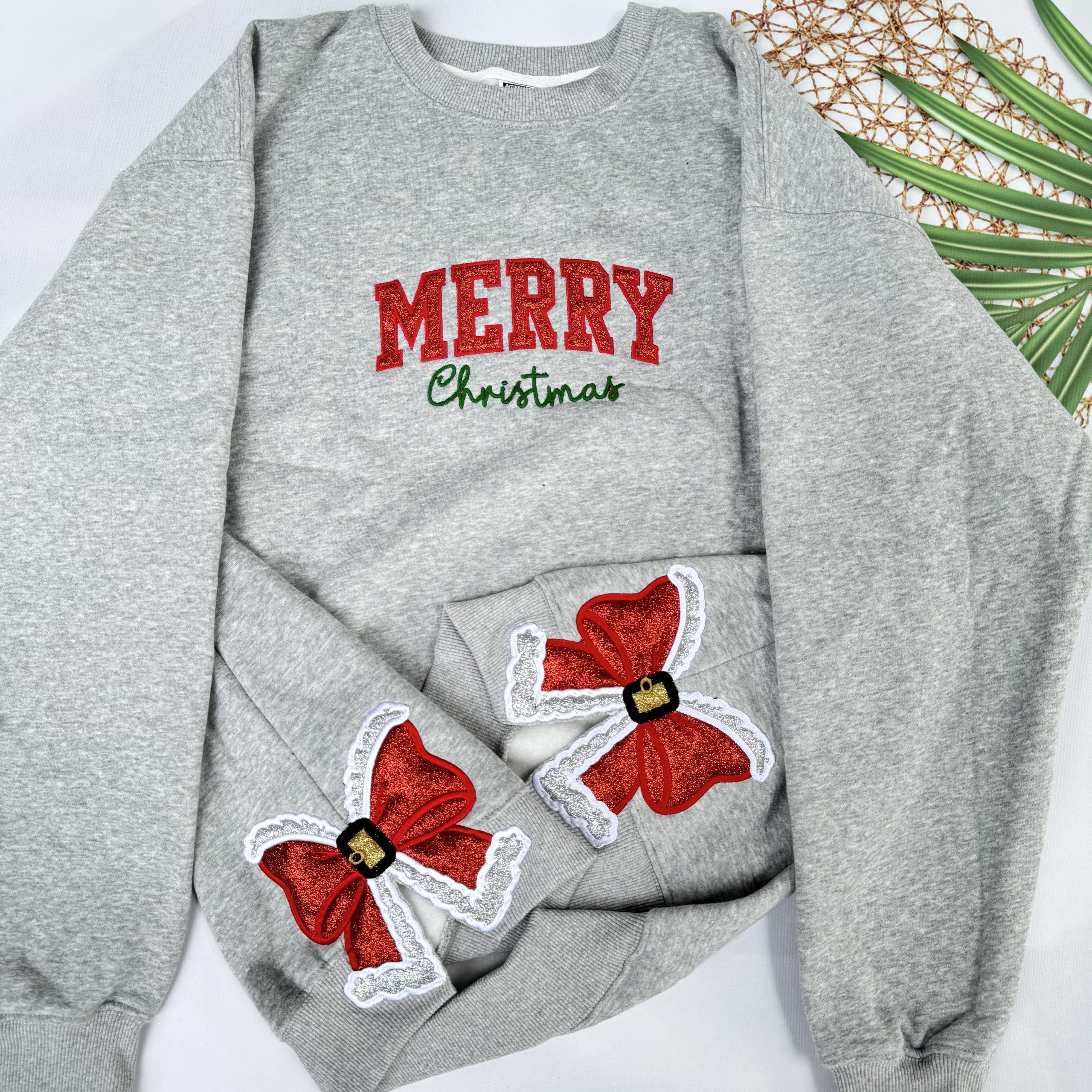 Merry Christmas Glitter Red Side Bow Sweatshirt Embroidered Sweatshirt/Hoodie/Tshirt