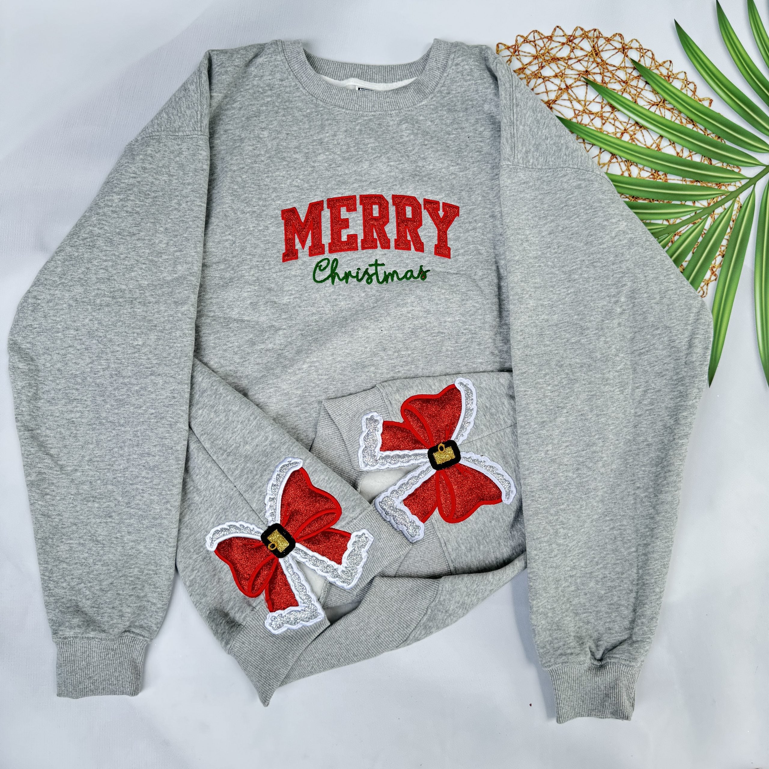 Merry Christmas Glitter Red Side Bow Sweatshirt Embroidered Sweatshirt/Hoodie/Tshirt