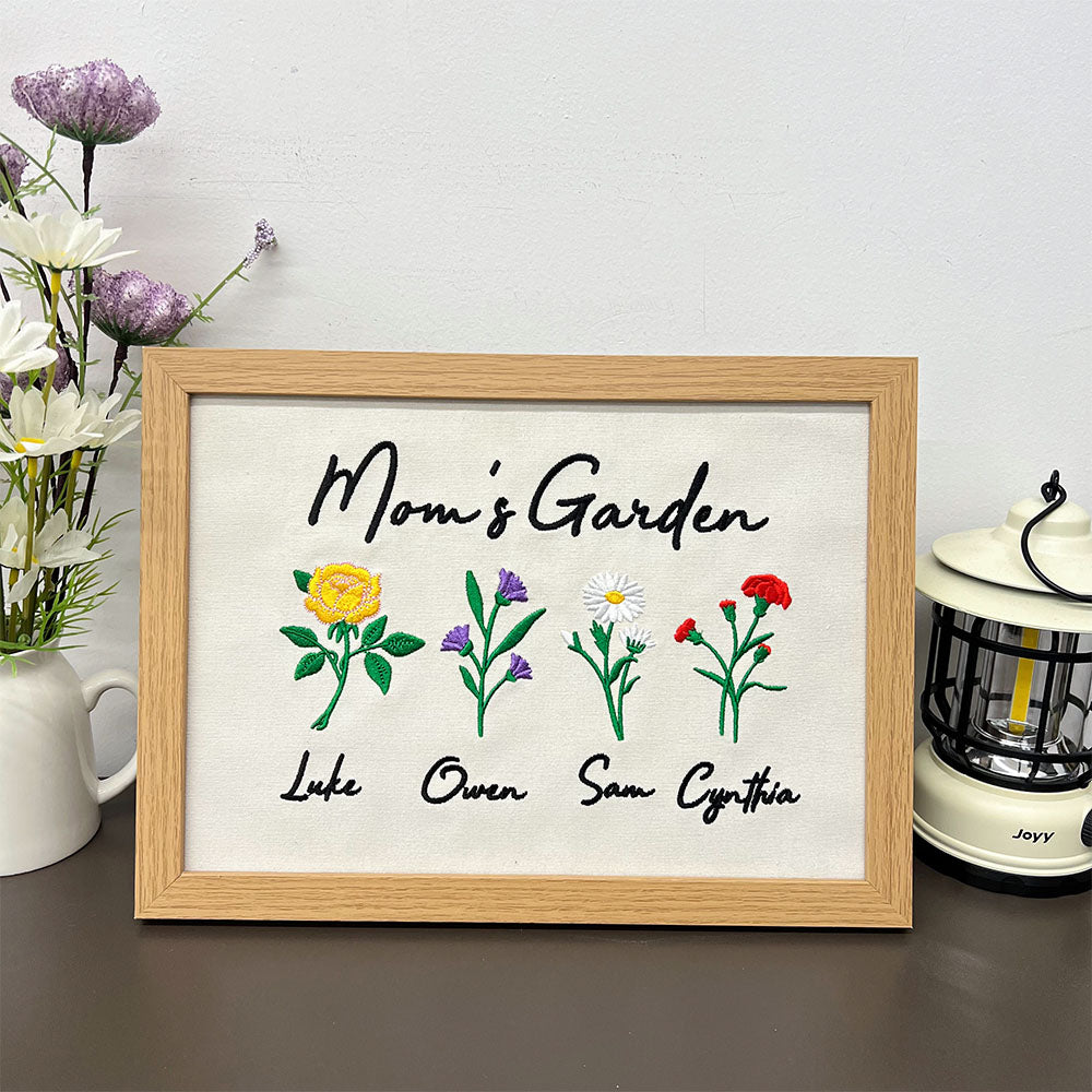 Custom Embroidered Birth Month Flower Canvas Photo Frame - Gifts for Mom/Grandma