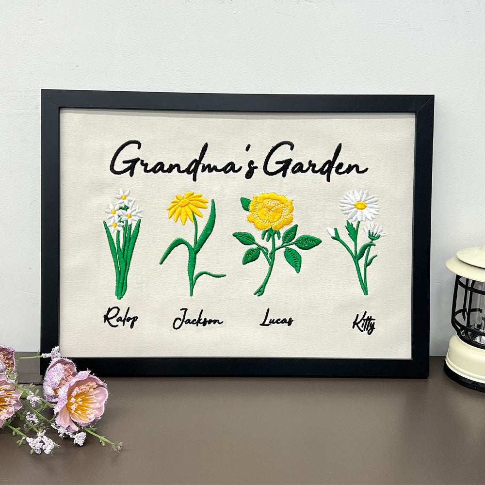 Custom Embroidered Birth Month Flower Canvas Photo Frame - Gifts for Mom/Grandma