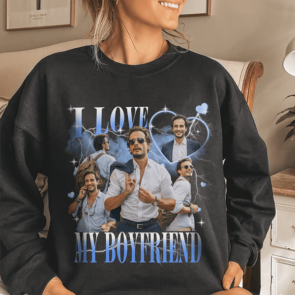 Custom Photo I Love My Boyfriend/Girlfriend Vintage Style Couple Dark Shirt