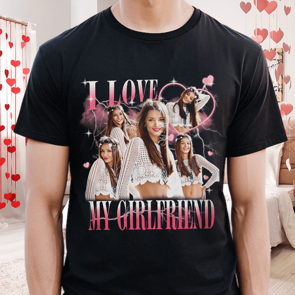 Custom Photo I Love My Boyfriend/Girlfriend Vintage Style Couple Dark Shirt