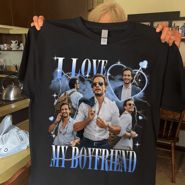 Custom Photo I Love My Boyfriend/Girlfriend Vintage Style Couple Dark Shirt