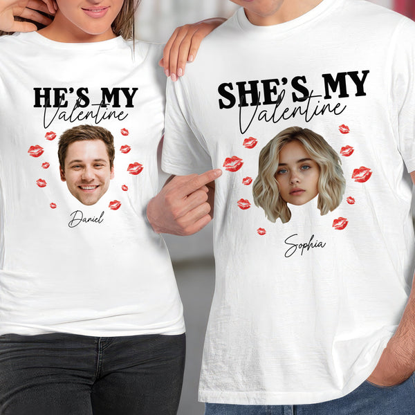 Custom Photo He/She's My Valentine Couple Shirt