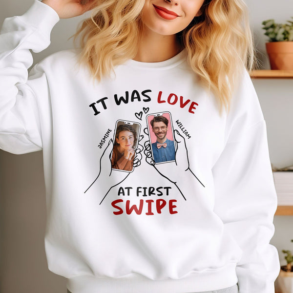 Custom Photo Love At First Swipe For Couple Shirt