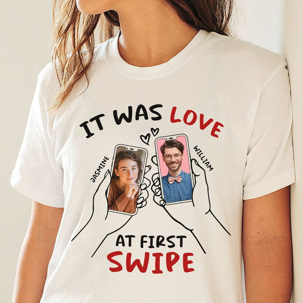 Custom Photo Love At First Swipe For Couple Shirt