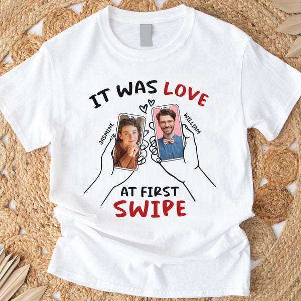 Custom Photo Love At First Swipe For Couple Shirt