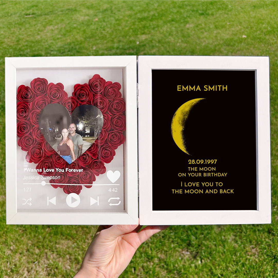 Custom Heart Shape Flower Shadow Box With Moon Phase Frame