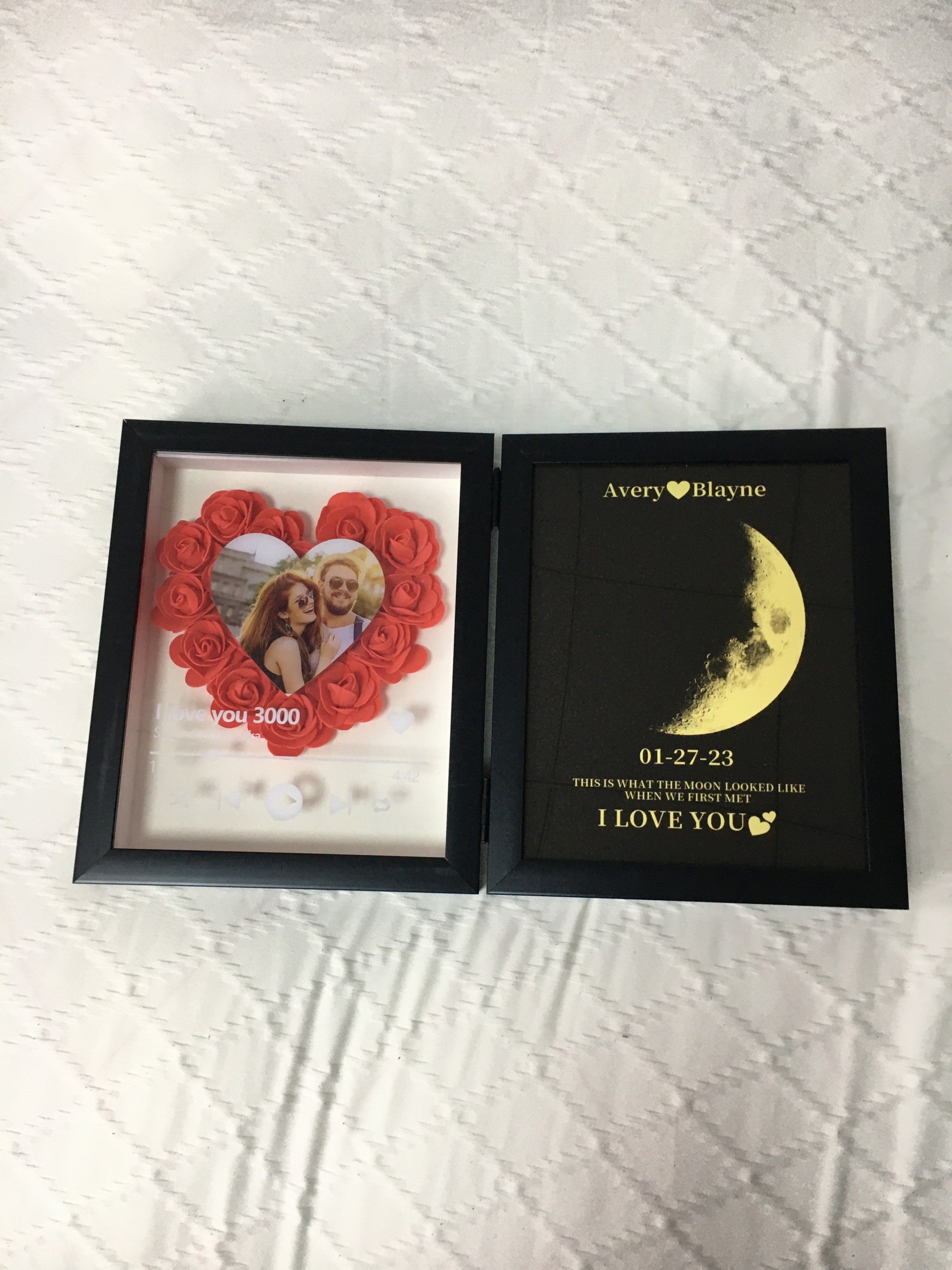 Custom Heart Shape Flower Shadow Box With Moon Phase Frame