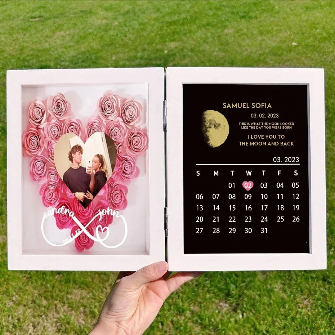 Custom Flower Shadow Box With Real Moon Phase Anniversary Calendar