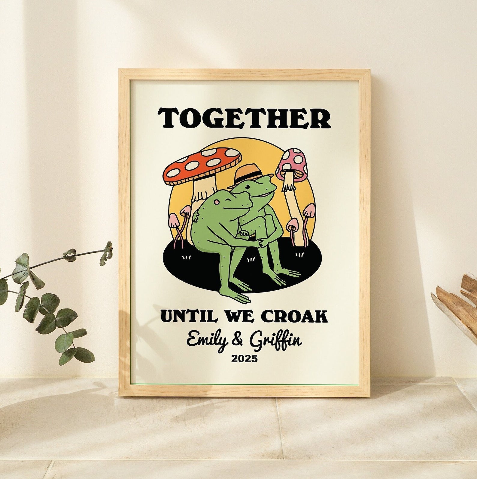 Personalized Frog Couple Print, Custom Frog Illustration Frame Art