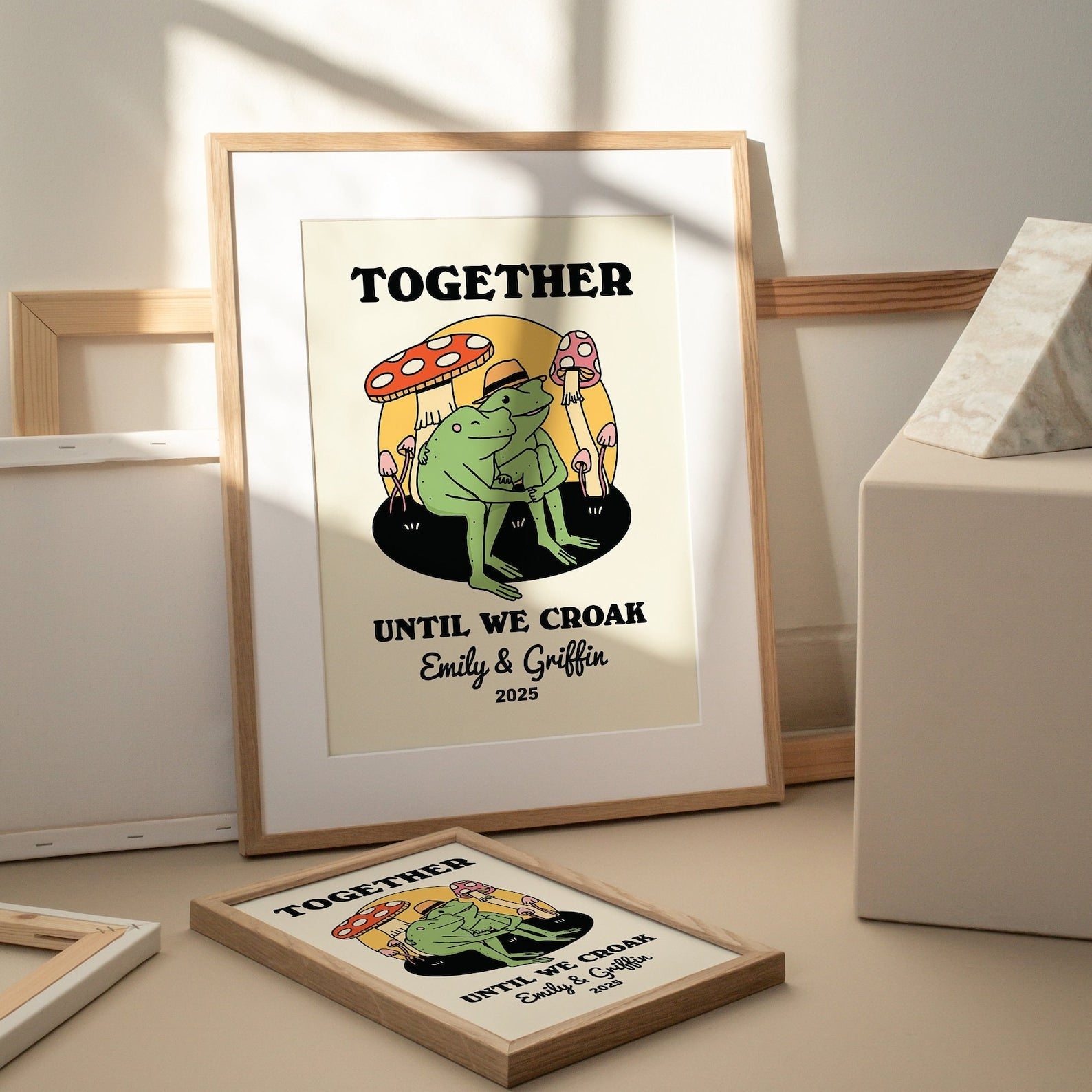 Personalized Frog Couple Print, Custom Frog Illustration Frame Art