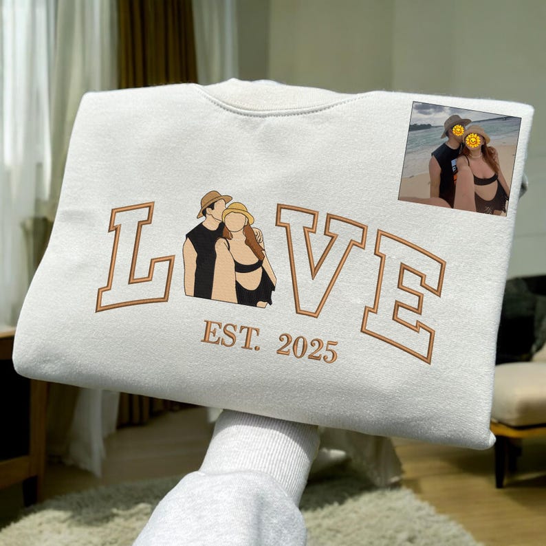 Embroidered Custom Couple Photo Portrait Hoodie With Anniversary Date