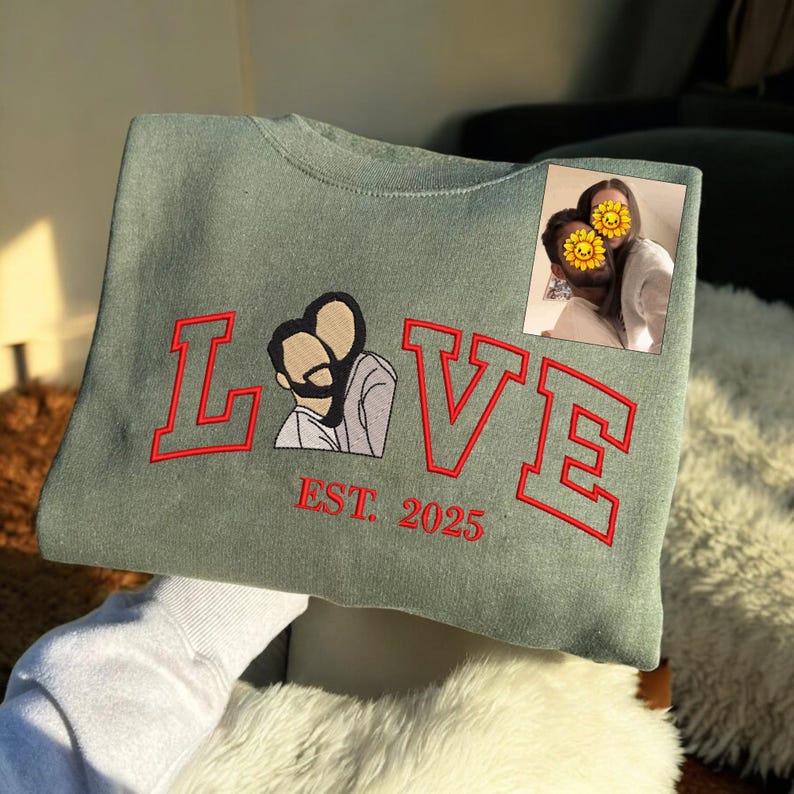 Embroidered Custom Couple Photo Portrait Hoodie With Anniversary Date