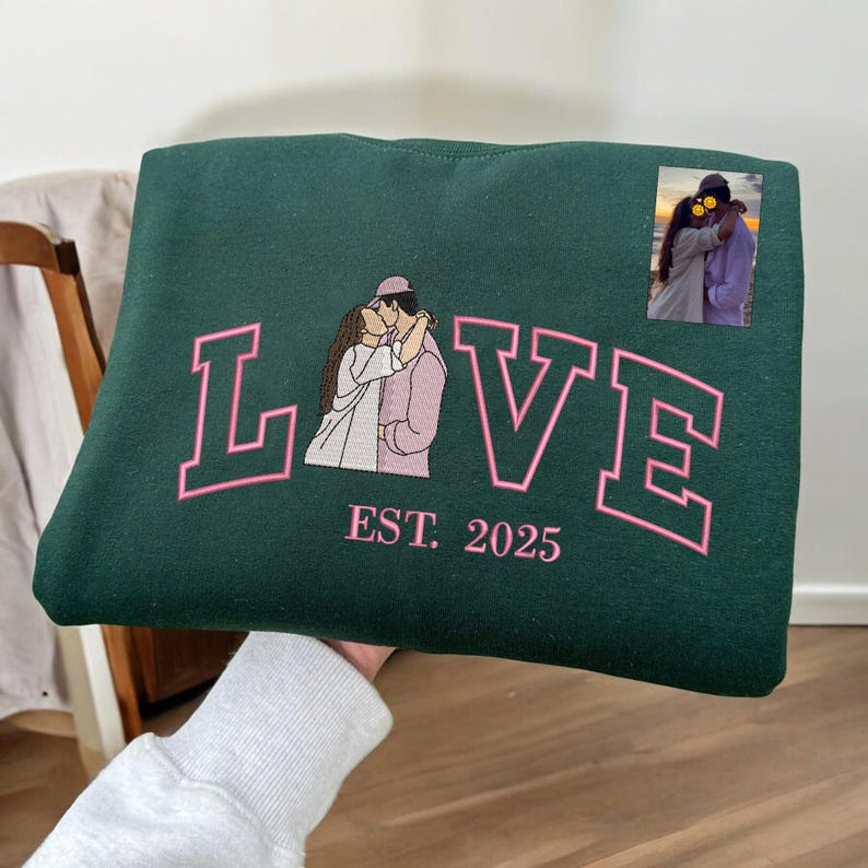 Embroidered Custom Couple Photo Portrait Hoodie With Anniversary Date