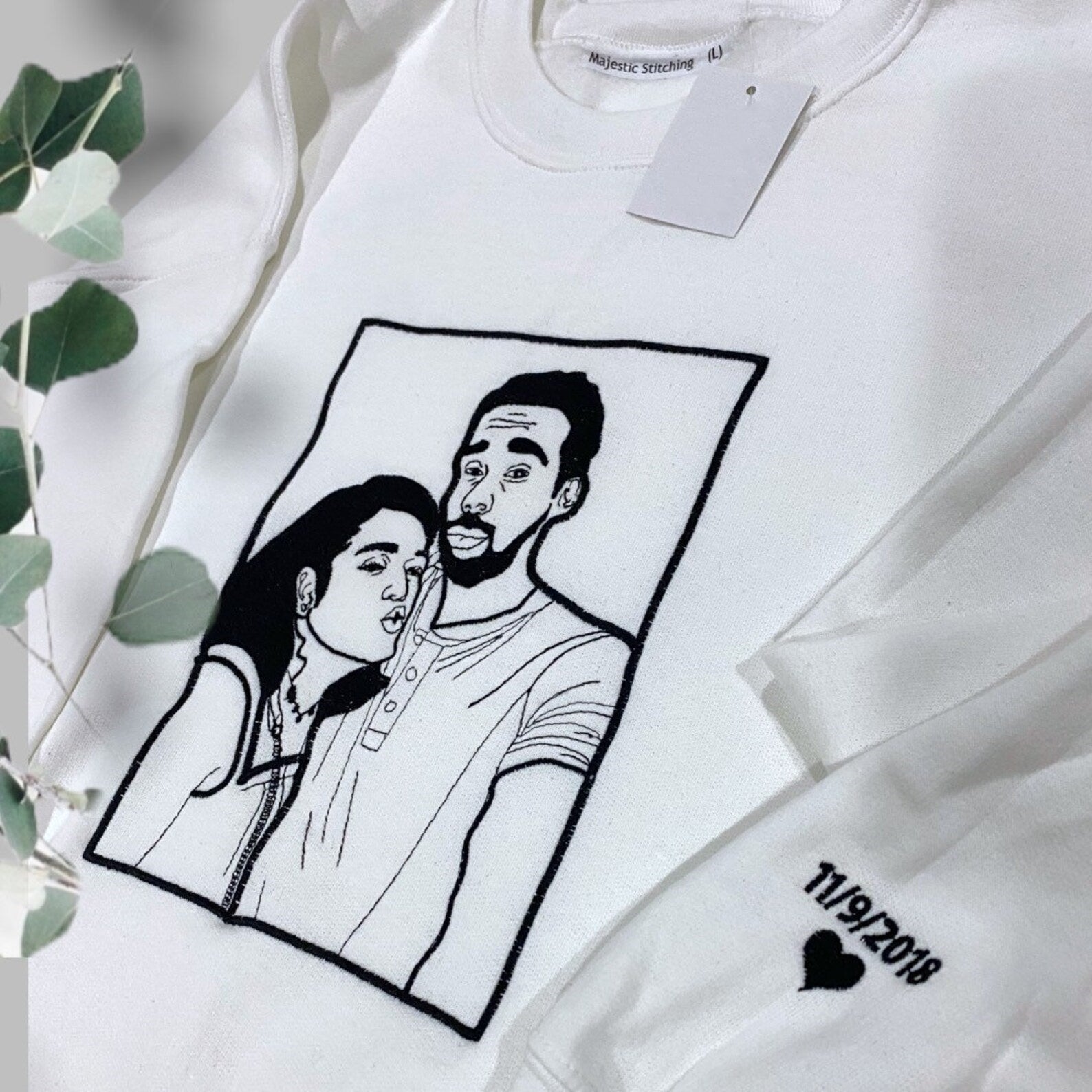 Custom Outline Embroidered Couple Portrait Sweatshirt