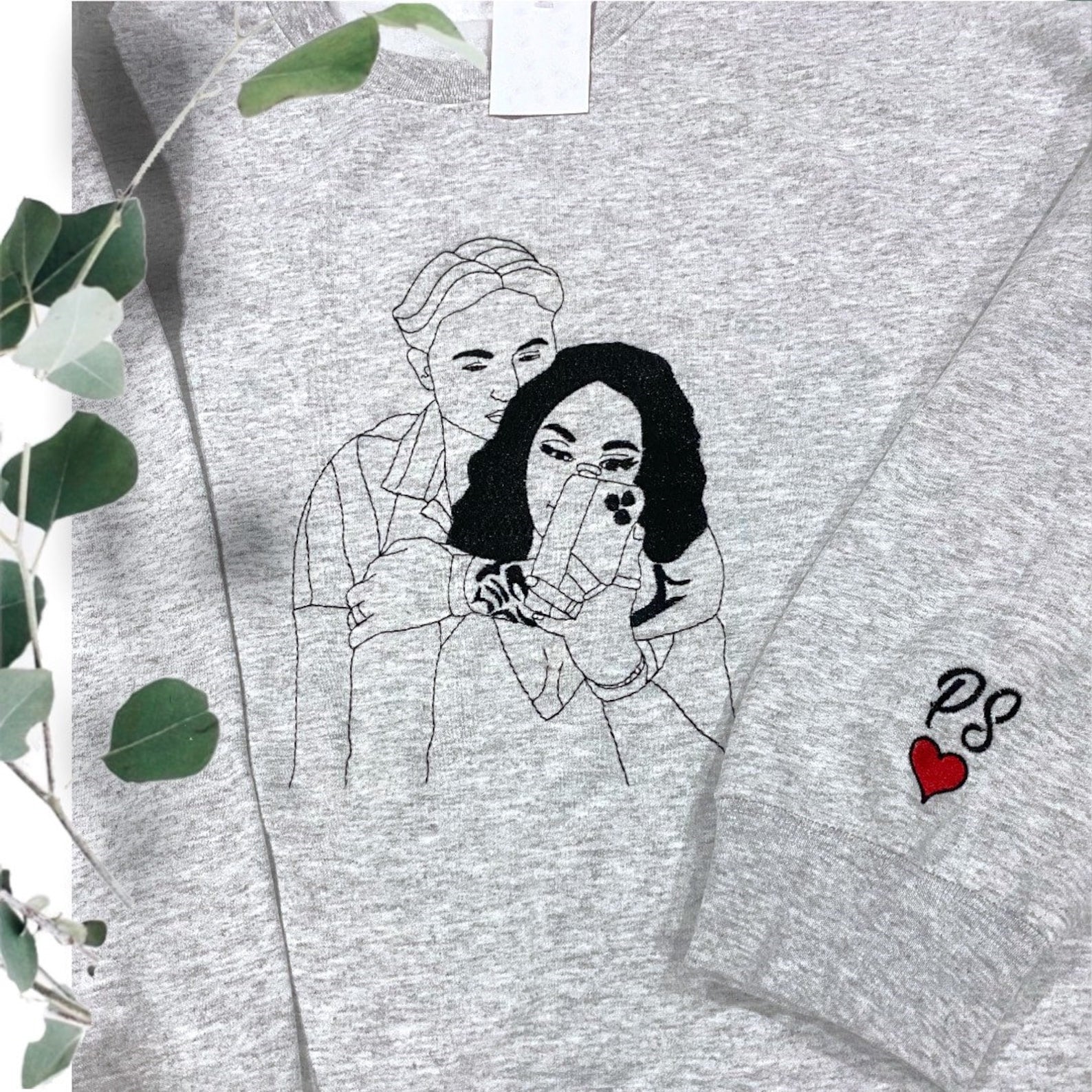 Custom Outline Embroidered Couple Portrait Sweatshirt