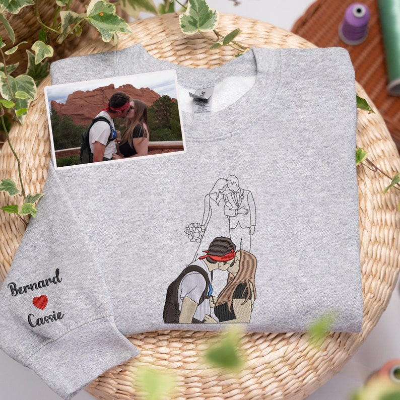 Custom Embroidered Portrait Sweatshirt For Couple