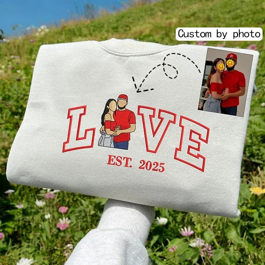 Embroidered Custom Couple Photo Portrait Hoodie With Anniversary Date