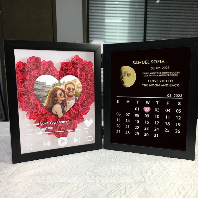 (Heart With Song) Custom Flowers Frame with REAL MOON PHASE Anniversary Calendar