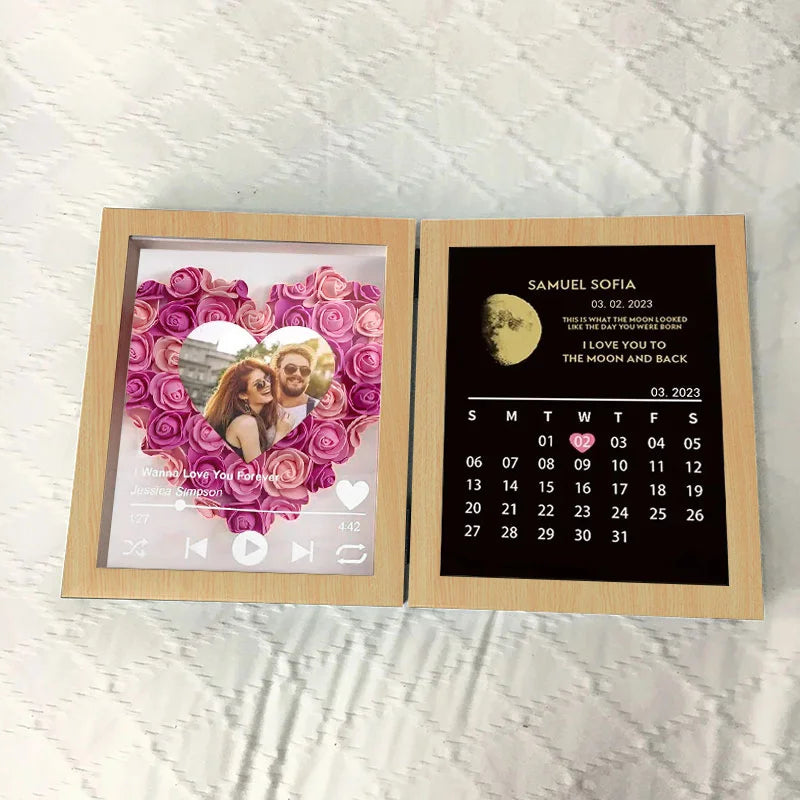 (Heart With Song) Custom Flowers Frame with REAL MOON PHASE Anniversary Calendar