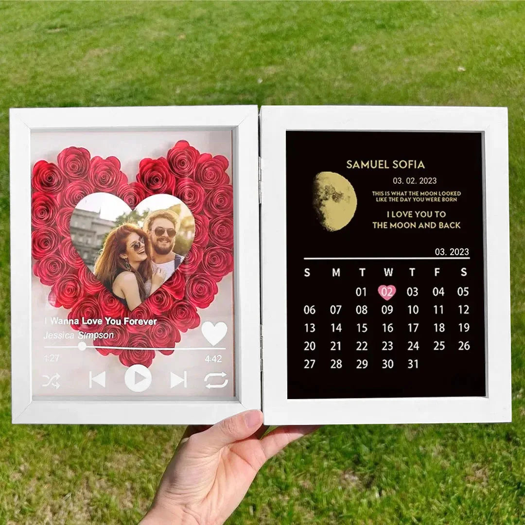 (Heart With Song) Custom Flowers Frame with REAL MOON PHASE Anniversary Calendar