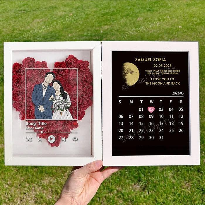 Custom Different Styles Couple Portrait Heart Shape Flower Shadow Box With Moon Phase Frame