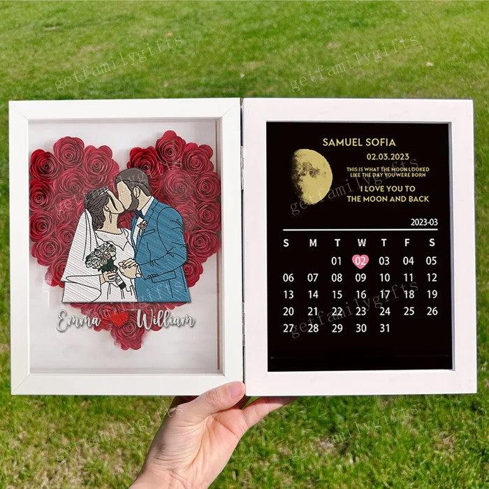 Custom Different Styles Couple Portrait Heart Shape Flower Shadow Box With Moon Phase Frame