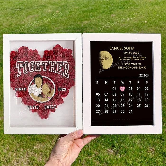 Custom Different Styles Couple Portrait Heart Shape Flower Shadow Box With Moon Phase Frame