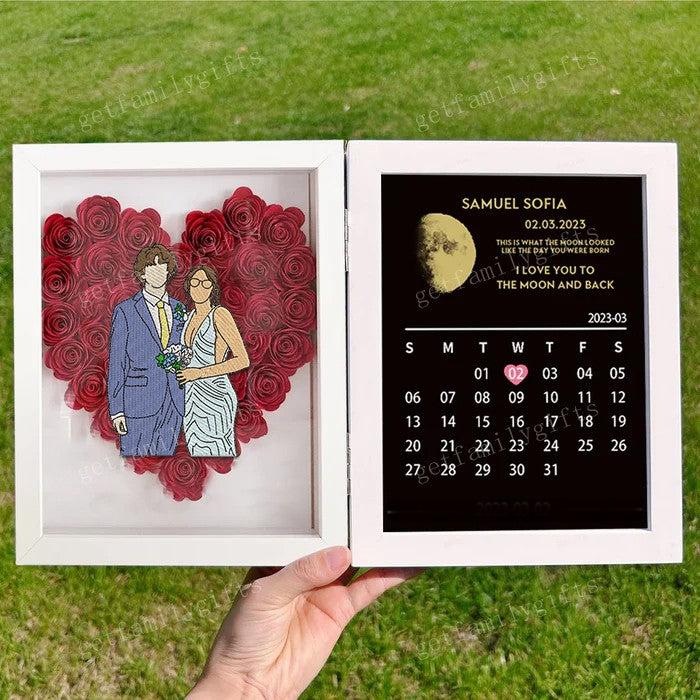 Custom Different Styles Couple Portrait Heart Shape Flower Shadow Box With Moon Phase Frame