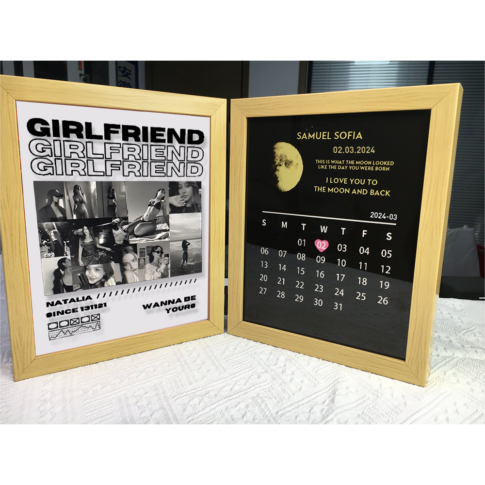 Custom Girlfriend And Boyfriend Photo Frame With Moon Phase Calendar