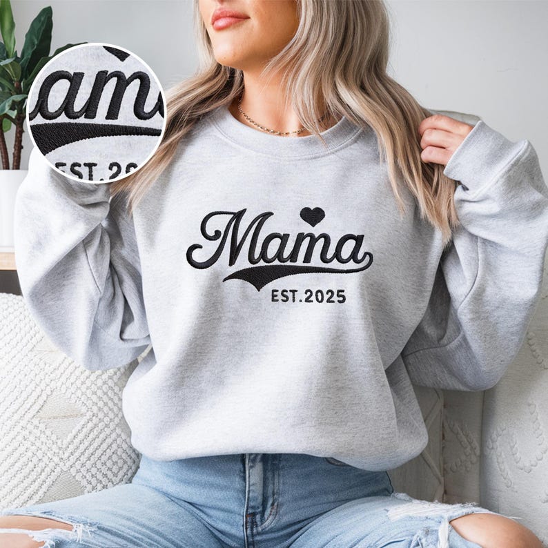 Custom Embroidery Retro Heart With Est Year Mama Sweatshirt