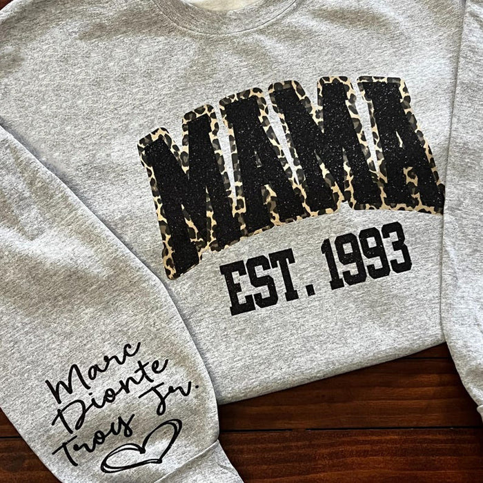 Custom Leopard Embroidery Mama Est Yaer Glitter Sweatshirt With Kids Name