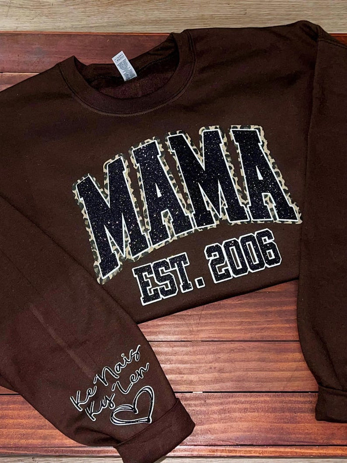 Custom Leopard Embroidery Mama Est Yaer Glitter Sweatshirt With Kids Name