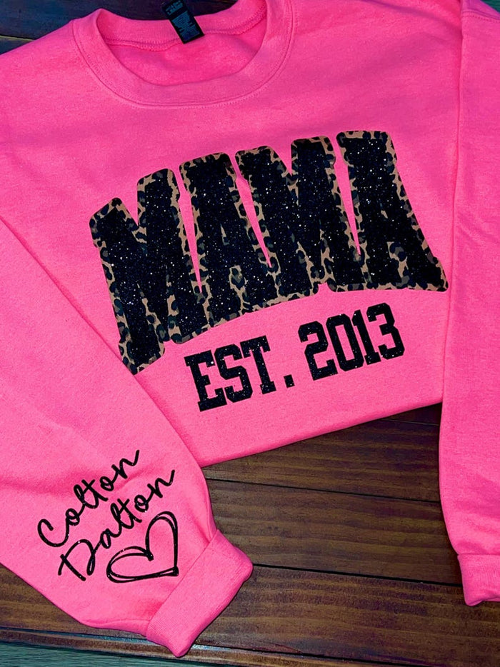 Custom Leopard Embroidery Mama Est Yaer Glitter Sweatshirt With Kids Name