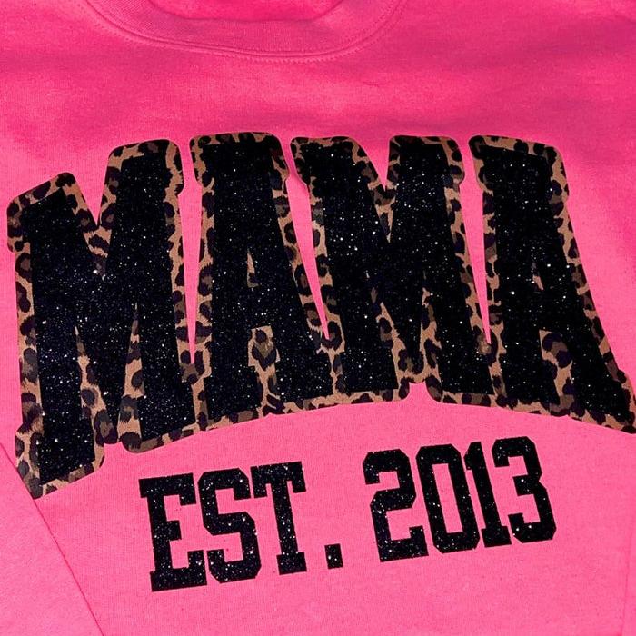 Custom Leopard Embroidery Mama Est Yaer Glitter Sweatshirt With Kids Name